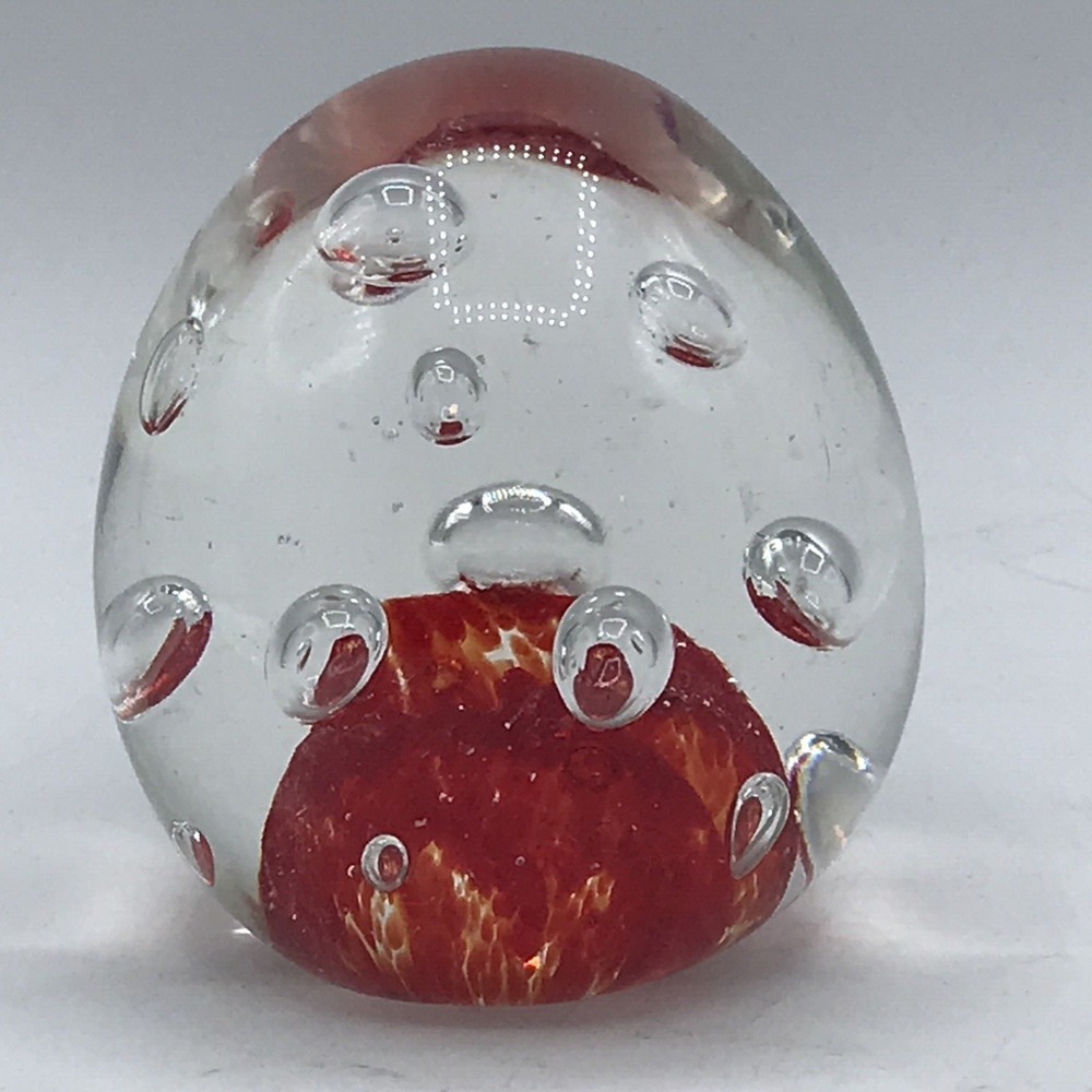 Red Egg Shaped Glass with‎ Controlled Bubbles Paperweight Grounded Bottom